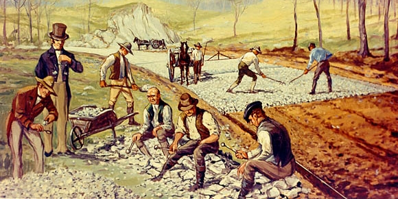 Wikipedia commons / domaine public. Construction of a macadam road, Boonsborough Turnpike Road between Hagerstown and Boonsboro, Maryland, 1823. Inspired by the work of John Loudon McAdam, painting by Carl Rakeman / https://www.fhwa.dot.gov/rakeman/1823.htm